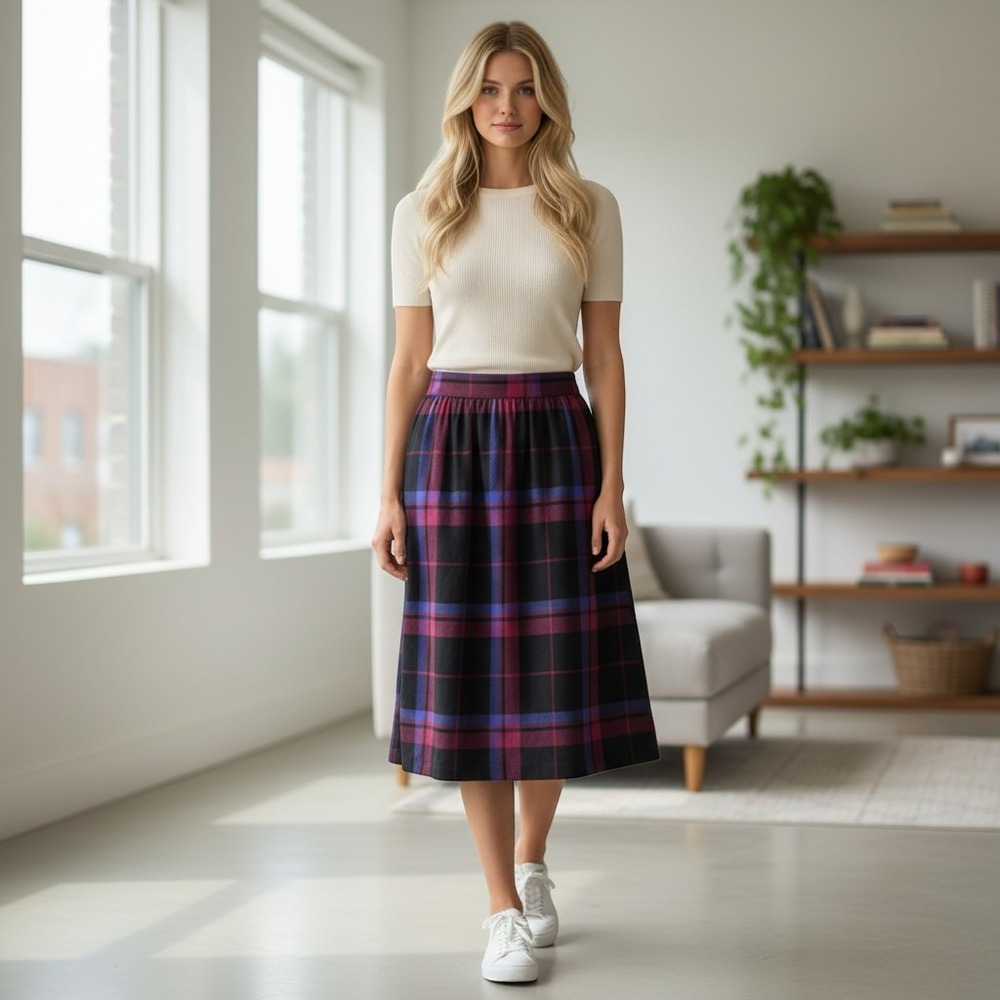 Vintage Plaid Midi Skirt Black Magenta Blue Tartan A-Line Side Pocket